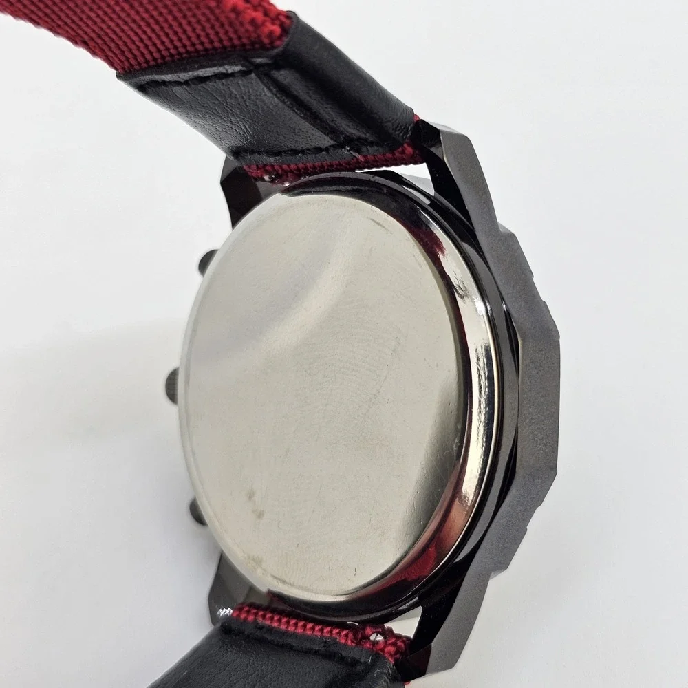 Men's Watch 42MM Black Dial Date Black Red Canvas Band‎ Straps New Battery